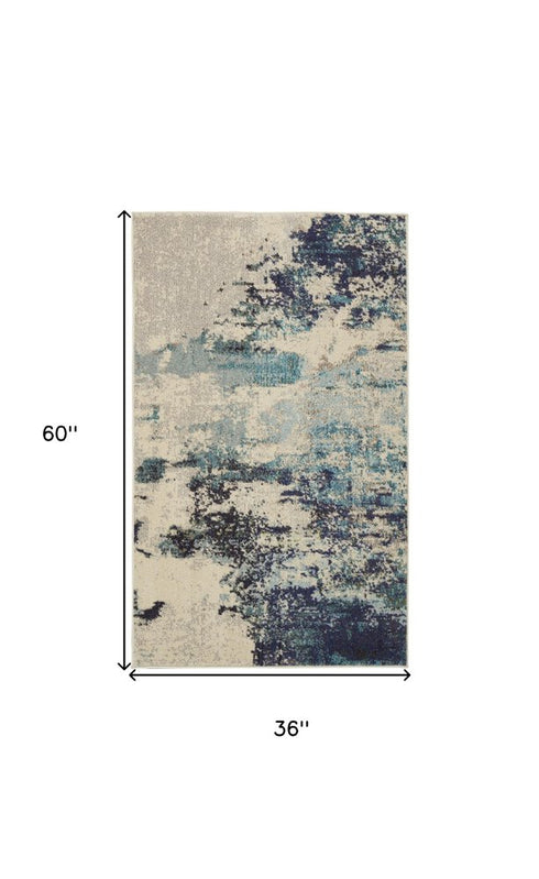 2' X 4' Ivory And Teal Blue Abstract Power Loom Non Skid Area Rug